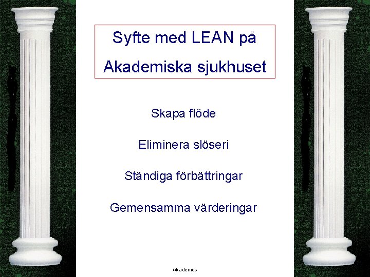  • Syfte med LEAN på Akademiska sjukhuset Skapa flöde Eliminera slöseri Ständiga förbättringar