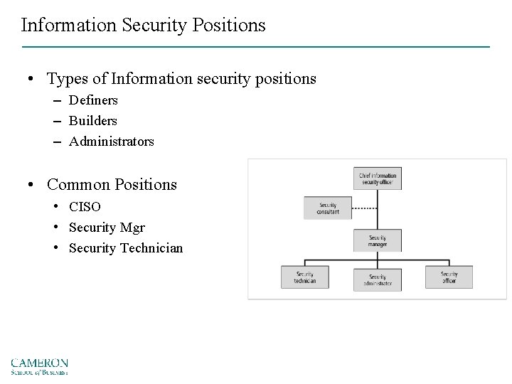 Information Security Positions • Types of Information security positions – Definers – Builders –