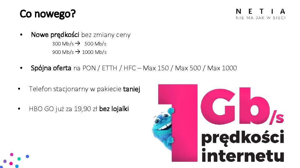 Co nowego? • Nowe prędkości bez zmiany ceny 300 Mb/s 500 Mb/s 900 Mb/s