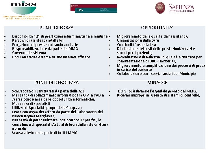 PUNTI DI FORZA OPPORTUNITA' Disponibilità h 24 di prestazioni infermieristiche e mediche; Percorsi di PUNTI DI FORZA OPPORTUNITA' Disponibilità h 24 di prestazioni infermieristiche e mediche; Percorsi di