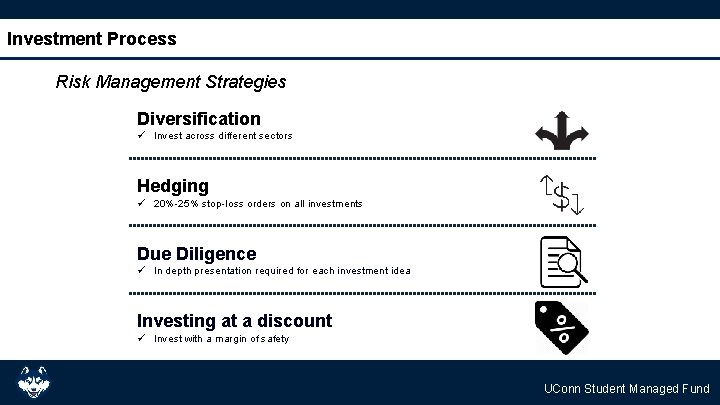 Investment Process Risk Management Strategies Diversification ü Invest across different sectors Hedging ü 20%-25%