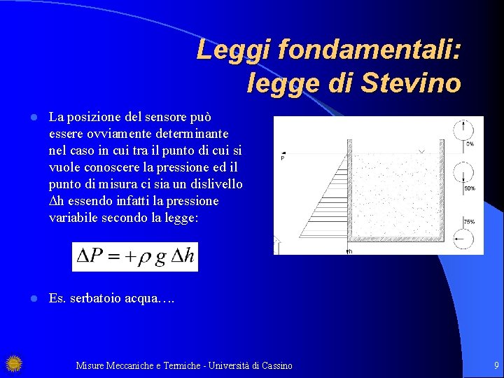 Leggi fondamentali: legge di Stevino l La posizione del sensore può essere ovviamente determinante