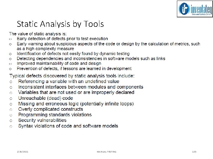 Static Analysis by Tools 2/25/2021 MANUAL TESTING 120 