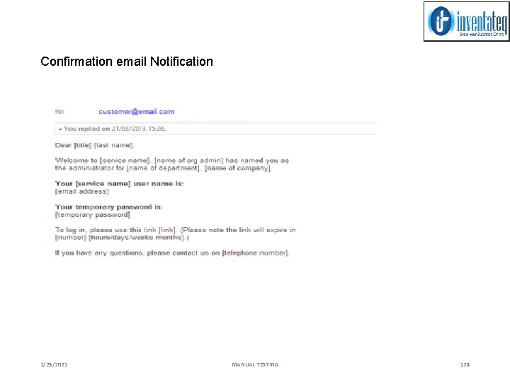 Confirmation email Notification 2/25/2021 MANUAL TESTING 128 