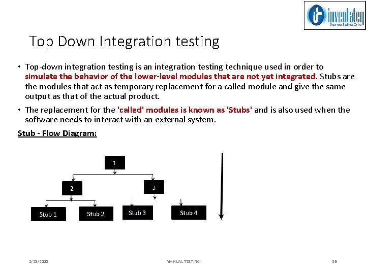 Top Down Integration testing • Top-down integration testing is an integration testing technique used