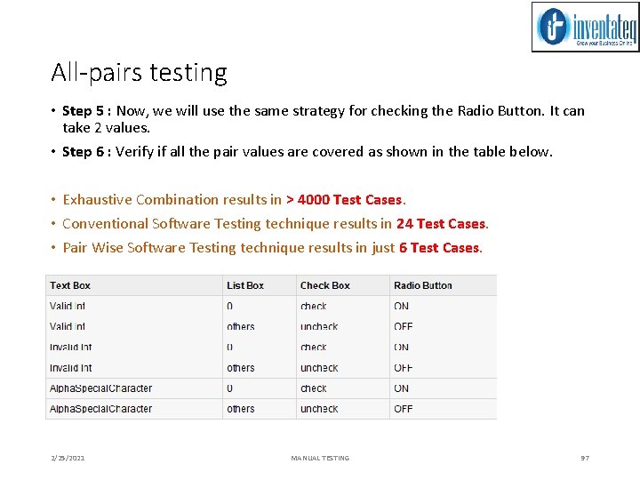 All-pairs testing • Step 5 : Now, we will use the same strategy for