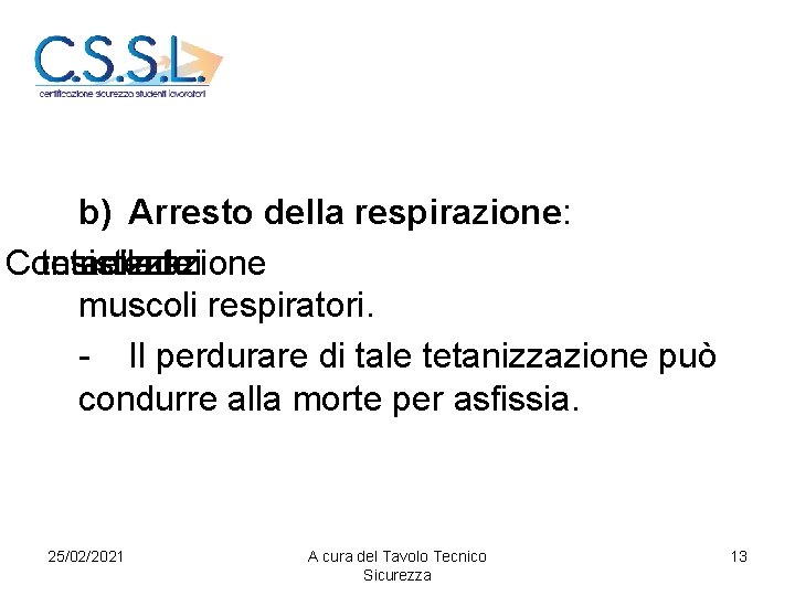 b) Arresto della respirazione: Consistente tetanizzazione nella dei muscoli respiratori. - Il perdurare di