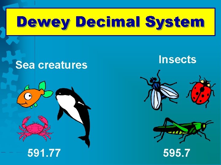 Dewey Decimal System Sea creatures 591. 77 Insects 595. 7 