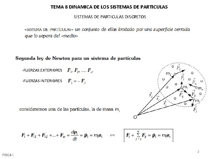 TEMA 8 DINAMICA DE LOS SISTEMAS DE PARTICULAS DISCRETOS -FUERZAS EXTERIORES -FUERZAS INTERIORES FISICA