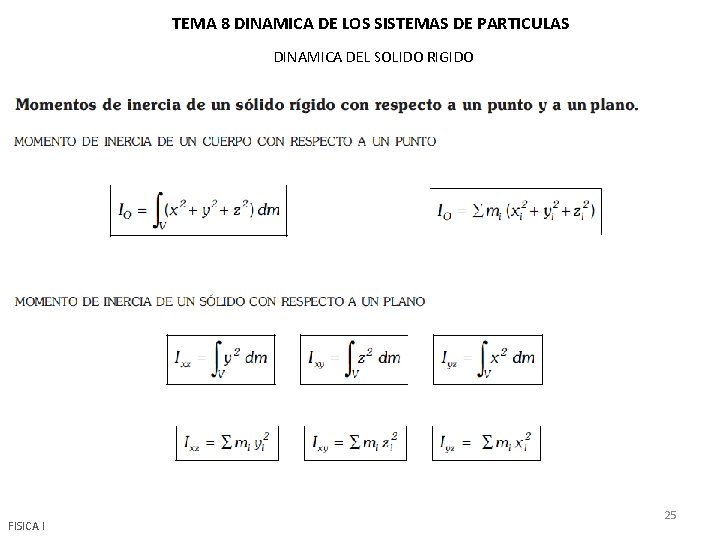TEMA 8 DINAMICA DE LOS SISTEMAS DE PARTICULAS DINAMICA DEL SOLIDO RIGIDO FISICA I