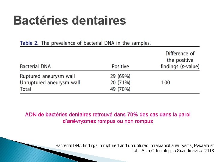 Bactéries dentaires ADN de bactéries dentaires retrouvé dans 70% des cas dans la paroi