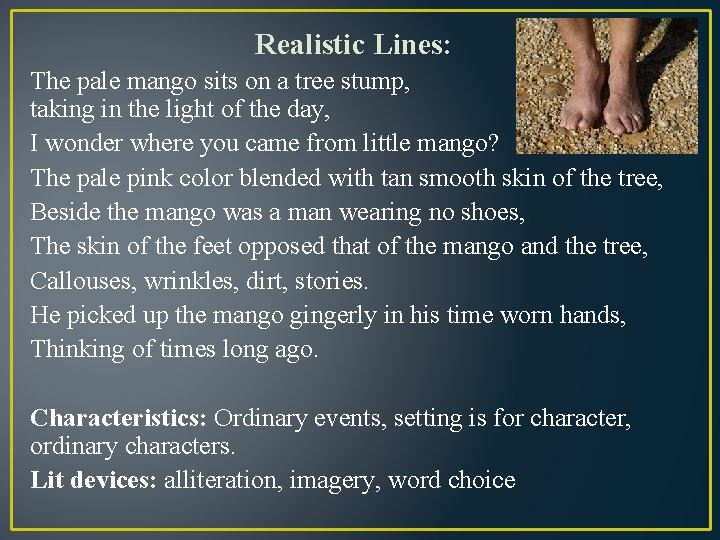 Realistic Lines: The pale mango sits on a tree stump, taking in the light