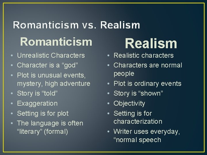 Romanticism vs. Realism Romanticism • Unrealistic Characters • Character is a “god” • Plot