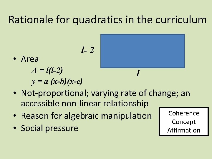 Rationale for quadratics in the curriculum • Area l- 2 A = l(l-2) y