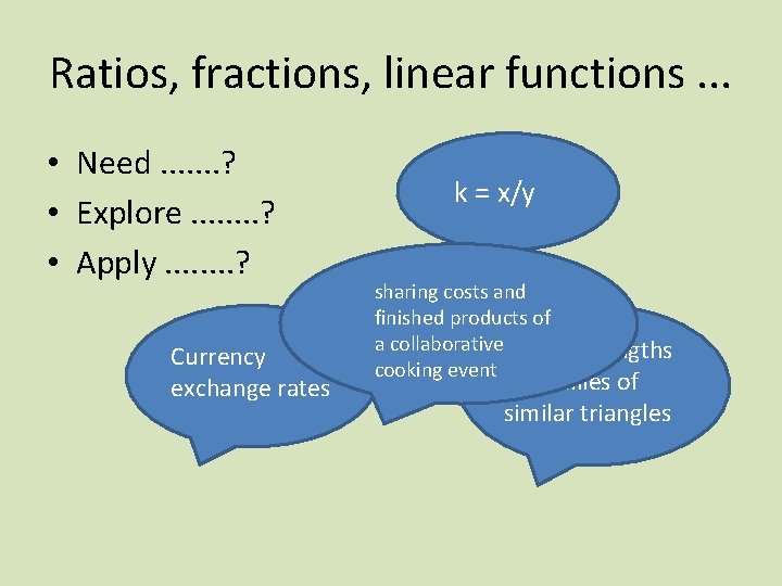 Ratios, fractions, linear functions. . . • Need. . . . ? • Explore.