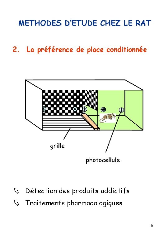 METHODES D’ETUDE CHEZ LE RAT 2. La préférence de place conditionnée Détection des produits