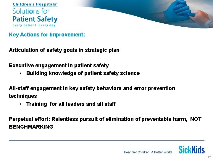 Key Actions for Improvement: Articulation of safety goals in strategic plan Executive engagement in