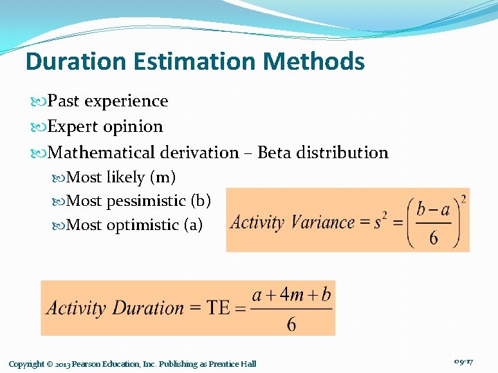 Duration Estimation Methods Past experience Expert opinion Mathematical derivation – Beta distribution Most likely