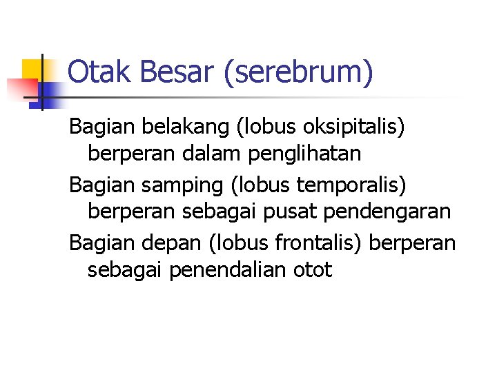 Otak Besar (serebrum) Bagian belakang (lobus oksipitalis) berperan dalam penglihatan Bagian samping (lobus temporalis)