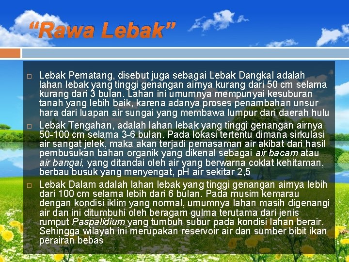 “Rawa Lebak” Lebak Pematang, disebut juga sebagai Lebak Dangkal adalah lahan lebak yang tinggi