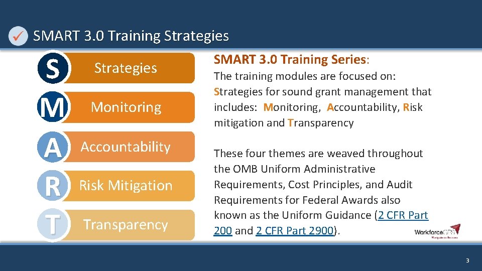 SMART 3. 0 Training Strategies S M A R T Strategies Monitoring Accountability Risk