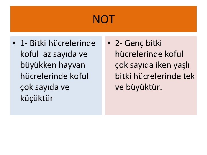 NOT • 1 - Bitki hücrelerinde koful az sayıda ve büyükken hayvan hücrelerinde koful