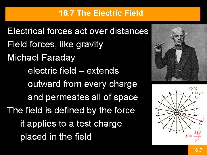 16. 7 The Electric Field Electrical forces act over distances Field forces, like gravity