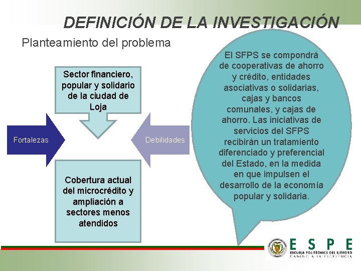 DEFINICIÓN DE LA INVESTIGACIÓN Planteamiento del problema Sector financiero, popular y solidario de la DEFINICIÓN DE LA INVESTIGACIÓN Planteamiento del problema Sector financiero, popular y solidario de la