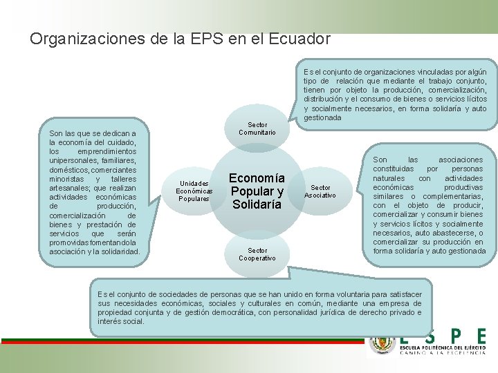 Organizaciones de la EPS en el Ecuador Son las que se dedican a la Organizaciones de la EPS en el Ecuador Son las que se dedican a la