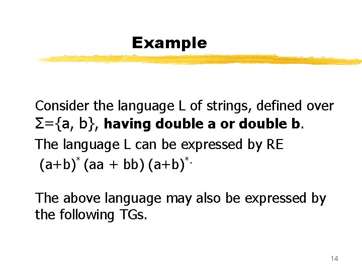 Example Consider the language L of strings, defined over Σ={a, b}, having double a