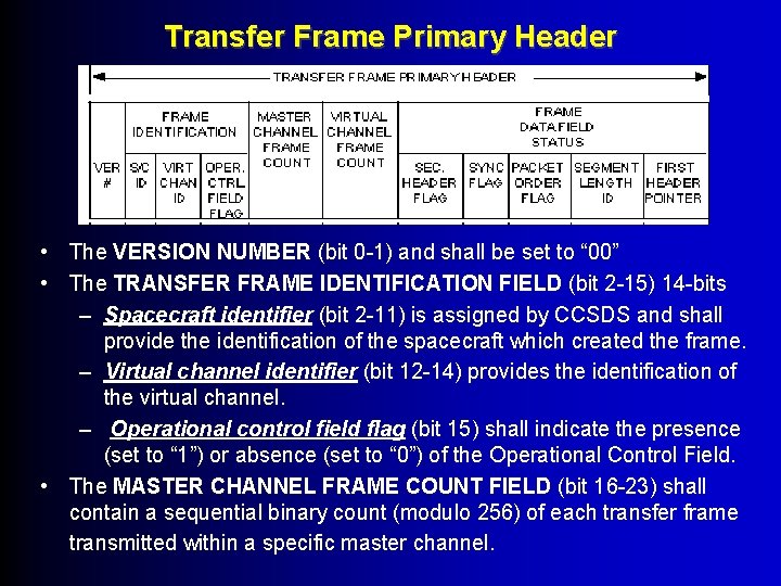 Transfer Frame Primary Header • The VERSION NUMBER (bit 0 -1) and shall be