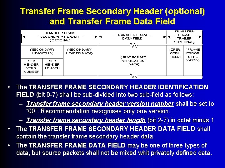 Transfer Frame Secondary Header (optional) and Transfer Frame Data Field • The TRANSFER FRAME