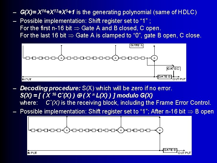 – G(X)= X 16+X 12+X 5+1 is the generating polynomial (same of HDLC) –