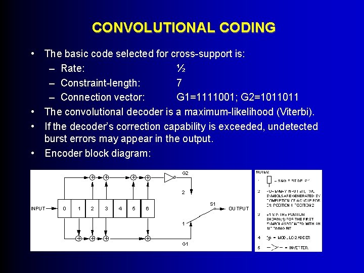 CONVOLUTIONAL CODING • The basic code selected for cross-support is: – Rate: ½ –