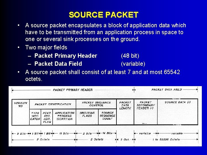 SOURCE PACKET • A source packet encapsulates a block of application data which have