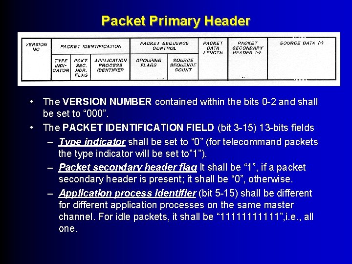 Packet Primary Header • The VERSION NUMBER contained within the bits 0 -2 and