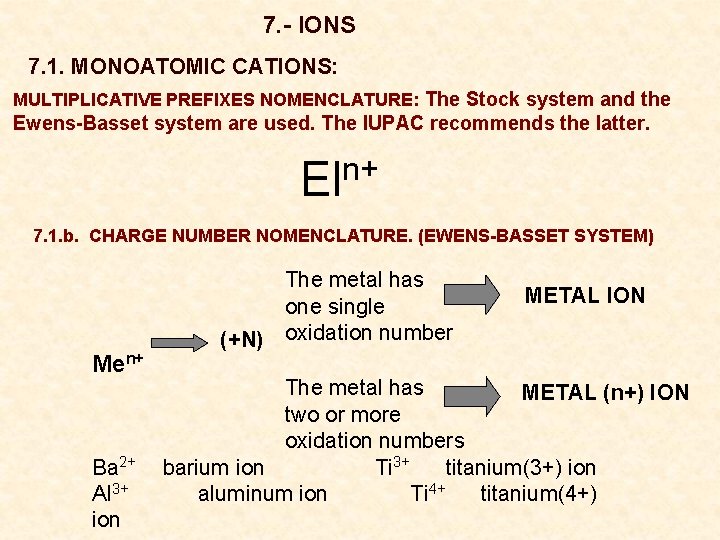 7. - IONS 7. 1. MONOATOMIC CATIONS: MULTIPLICATIVE PREFIXES NOMENCLATURE: The Stock system and