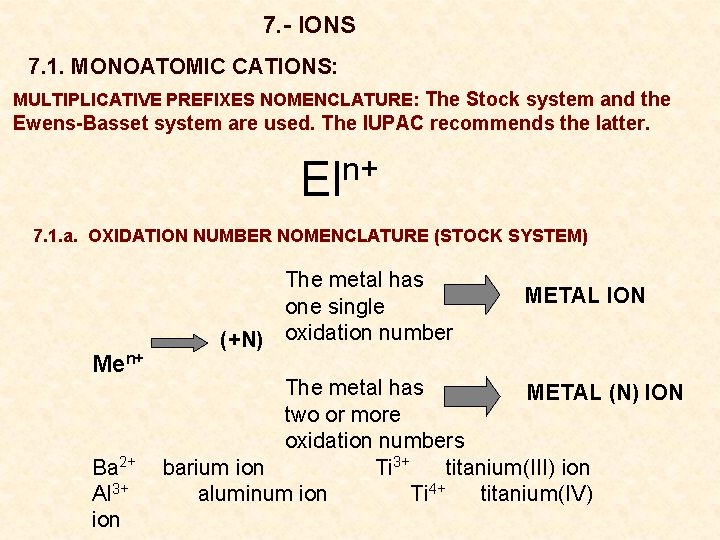 7. - IONS 7. 1. MONOATOMIC CATIONS: MULTIPLICATIVE PREFIXES NOMENCLATURE: The Stock system and