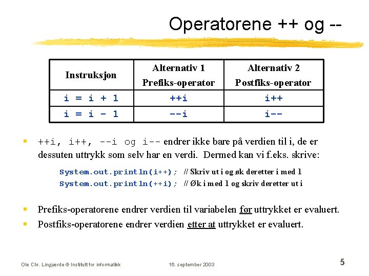 Operatorene ++ og -- i = i + 1 Alternativ 1 Prefiks-operator ++i Alternativ Operatorene ++ og -- i = i + 1 Alternativ 1 Prefiks-operator ++i Alternativ