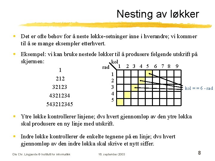 Nesting av løkker § Det er ofte behov for å neste løkke-setninger inne i Nesting av løkker § Det er ofte behov for å neste løkke-setninger inne i