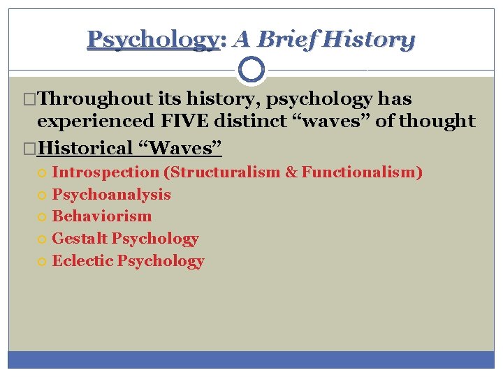 Psychology: A Brief History �Throughout its history, psychology has experienced FIVE distinct “waves” of