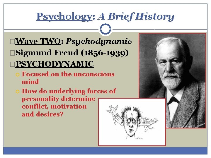 Psychology: A Brief History �Wave TWO: Psychodynamic �Sigmund Freud (1856 -1939) �PSYCHODYNAMIC Focused on