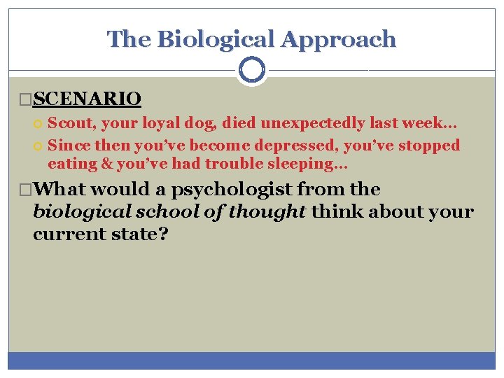 The Biological Approach �SCENARIO Scout, your loyal dog, died unexpectedly last week… Since then