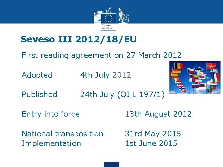 Seveso III 2012/18/EU • First reading agreement on 27 March 2012 • Adopted 4