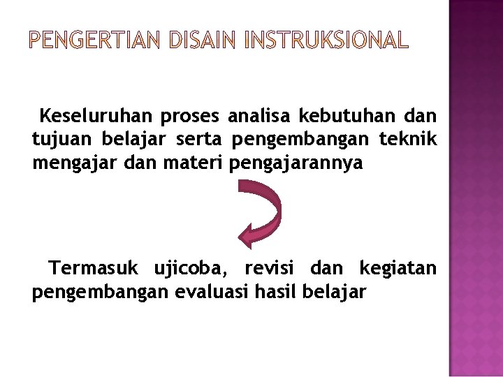 Keseluruhan proses analisa kebutuhan dan tujuan belajar serta pengembangan teknik mengajar dan materi pengajarannya