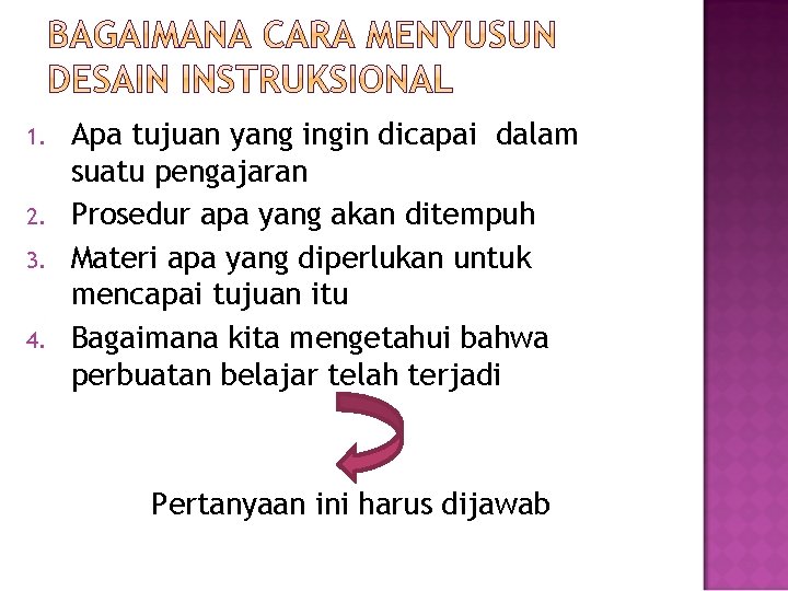 1. 2. 3. 4. Apa tujuan yang ingin dicapai dalam suatu pengajaran Prosedur apa