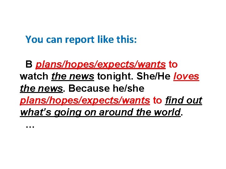 You can report like this: B plans/hopes/expects/wants to watch the news tonight. She/He loves