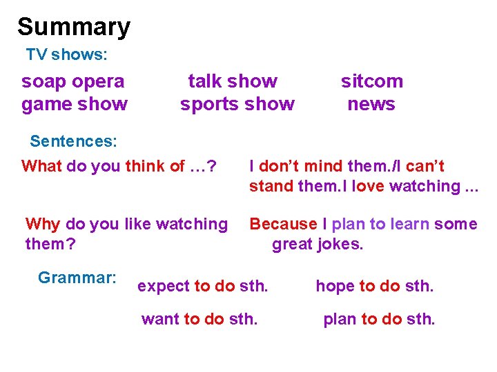 Summary TV shows: soap opera game show talk show sports show Sentences: What do