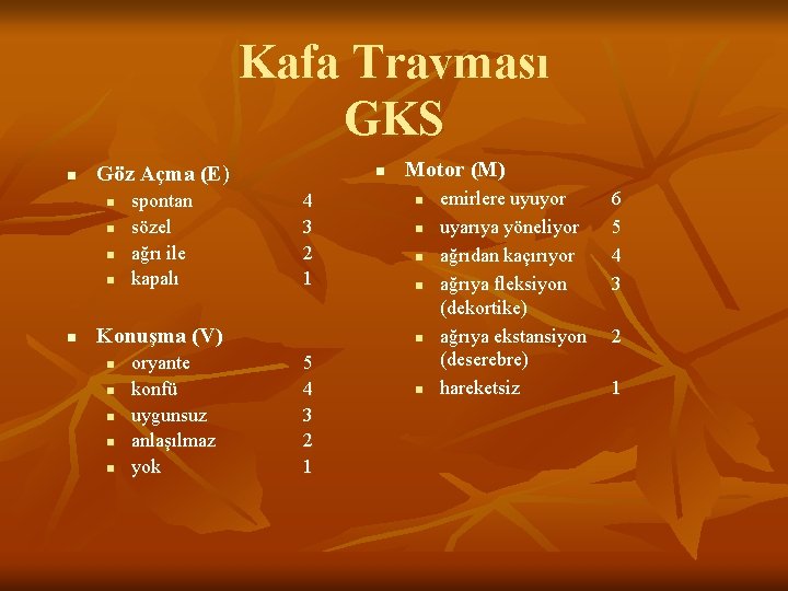 Kafa Travması GKS n Göz Açma (E) n n n spontan sözel ağrı ile