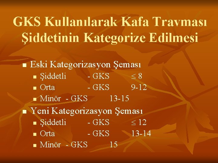 GKS Kullanılarak Kafa Travması Şiddetinin Kategorize Edilmesi n Eski Kategorizasyon Şeması n n Şiddetli